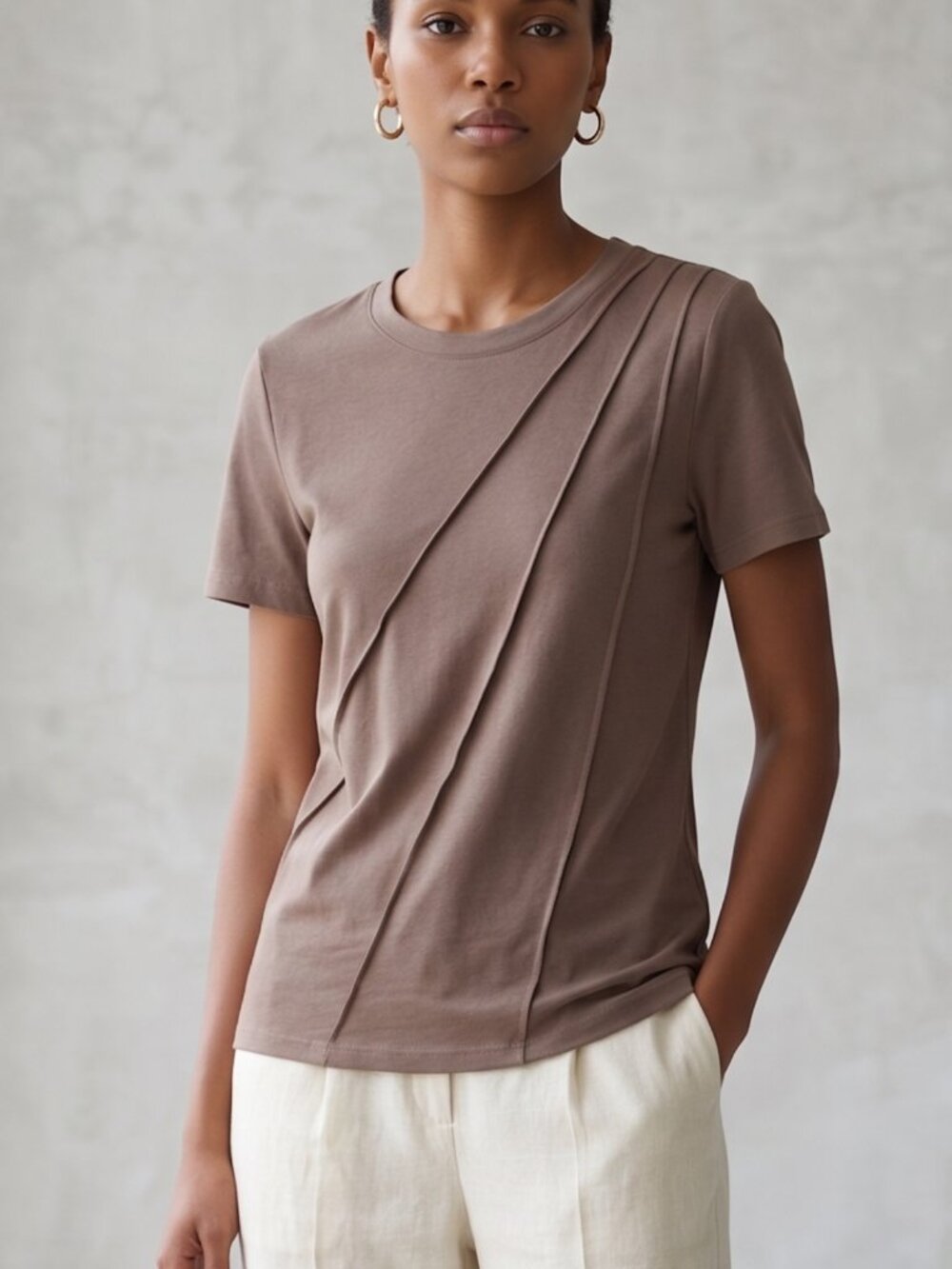 NWT | LUXVEER Mocha Asymmetrical Pintuck Pleat Top Short Sleeve | Medium